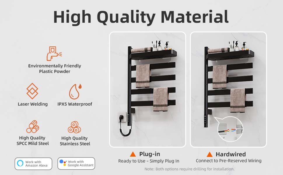 SIOYIE Smart Rotating Heated Towel Rack For Bathroom, Wall-Mounted Electric Towel Dryer With Swivel Bars & Shelf, Smart Timer, Low Carbon Steel, Plug-in/Hardwired, Towel Warmer With Wi-Fi App Control_voghion.com
